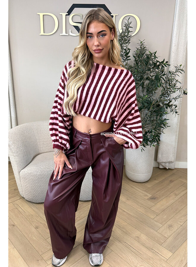 BURGUNDY - 'ALENA V2 PANTS' - STRETCH PALAZZO FAUX LEATHER PANTS