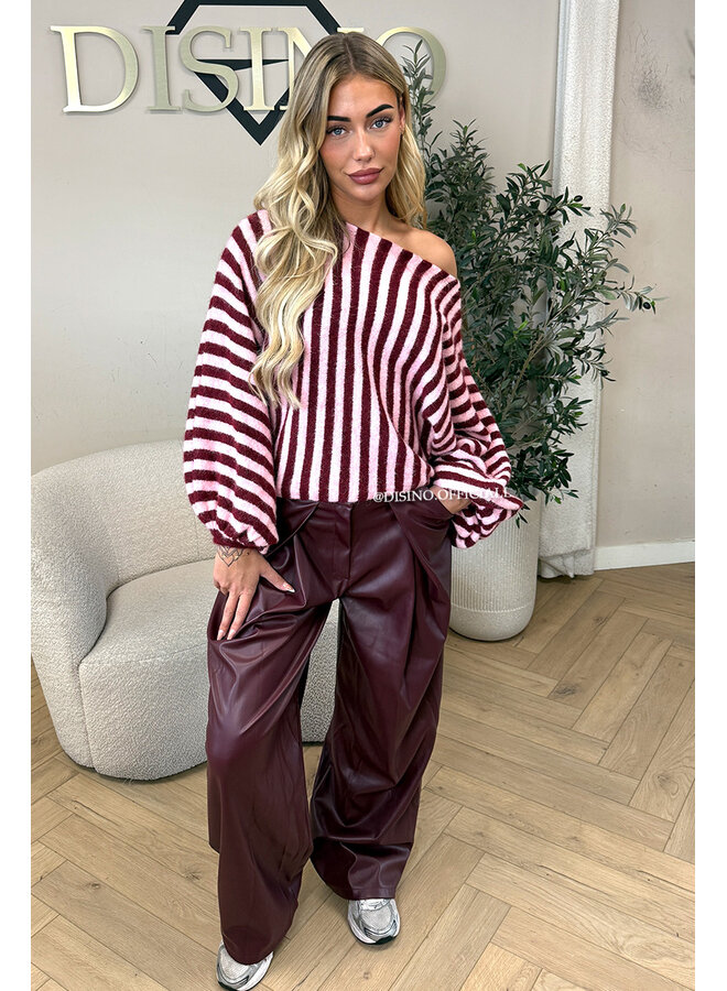 BURGUNDY - 'ALENA V2 PANTS' - STRETCH PALAZZO FAUX LEATHER PANTS