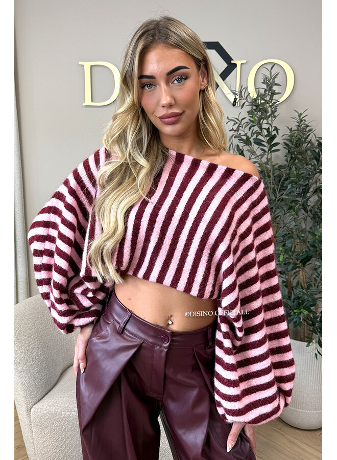 BURGUNDY - 'ELARA KNIT' - STRIPED OFF SHOULDER KNIT