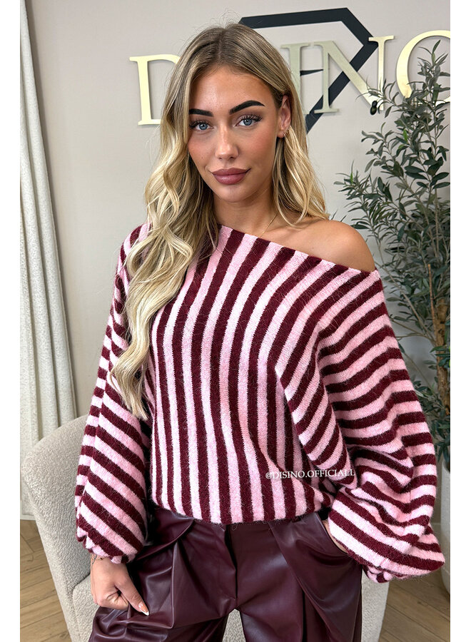 BURGUNDY - 'ELARA KNIT' - STRIPED OFF SHOULDER KNIT