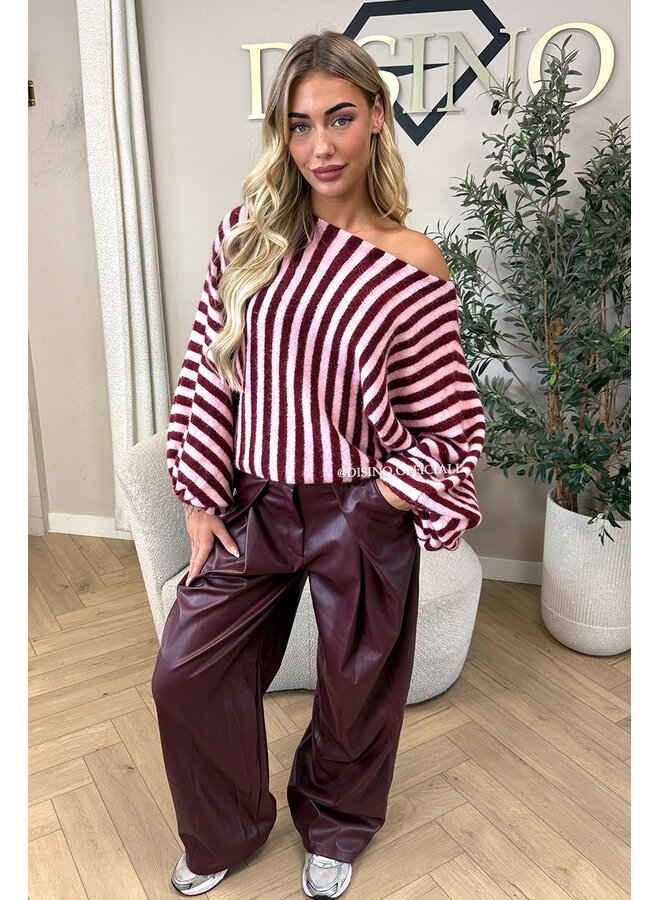 BURGUNDY - 'ELARA KNIT' - STRIPED OFF SHOULDER KNIT