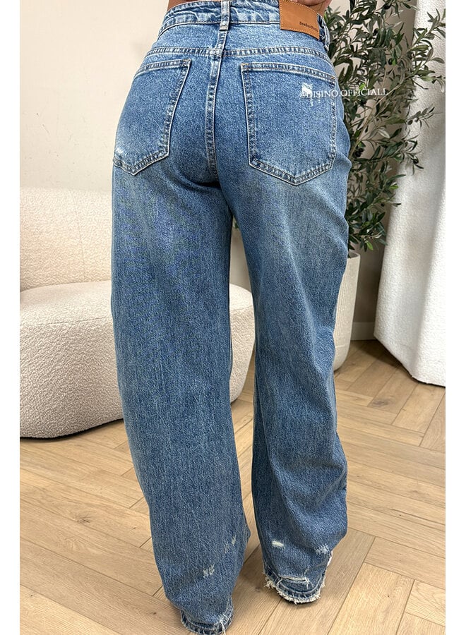 BLUE - 'DENVER' - DISTRESSED BAGGY WIDE LEG JEANS