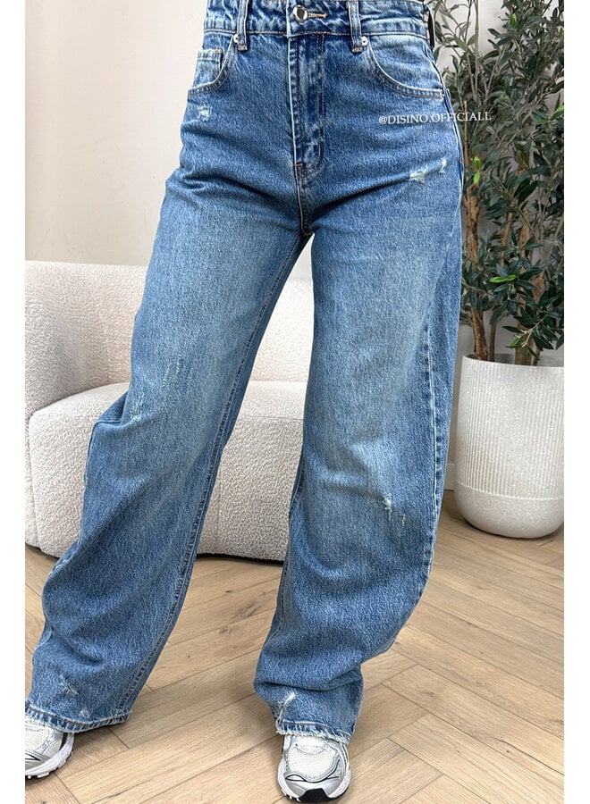 BLUE - 'DENVER' - DISTRESSED BAGGY WIDE LEG JEANS