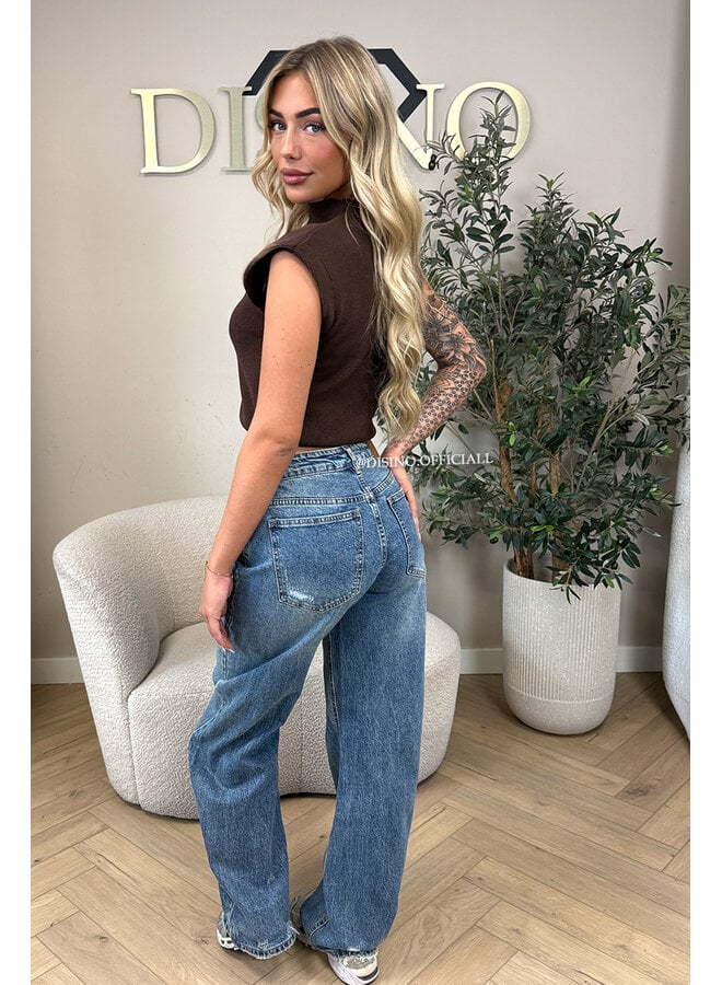 BLUE - 'DENVER' - DISTRESSED BAGGY WIDE LEG JEANS