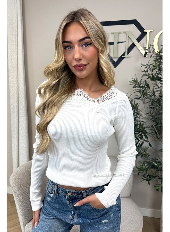 WHITE - 'FIFI TOP' - LONGSLEEVE LACE DETAIL OFF SHOULDER TOP