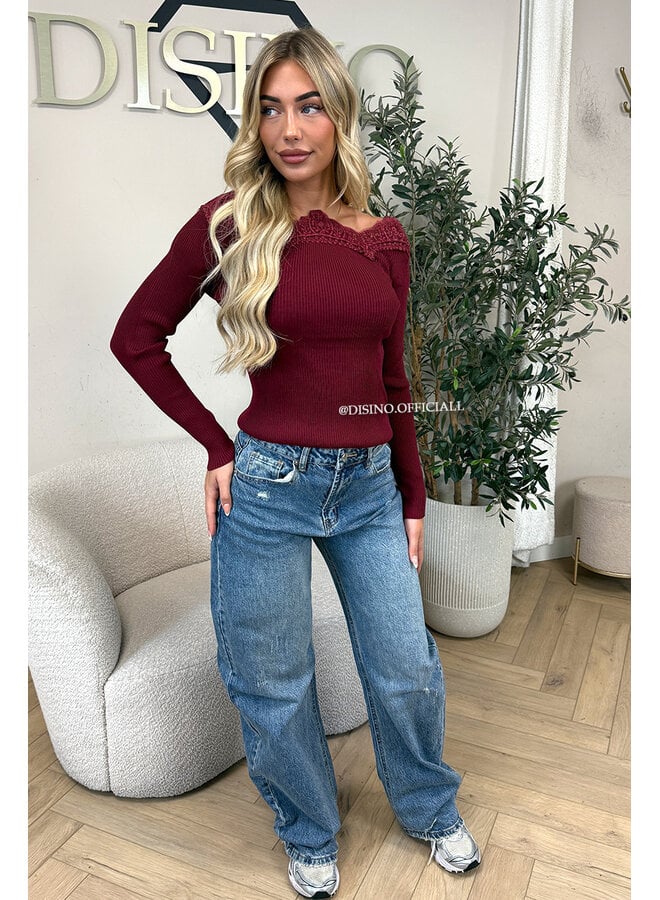 BORDEAUX - 'FIFI TOP' - LONGSLEEVE LACE DETAIL OFF SHOULDER TOP