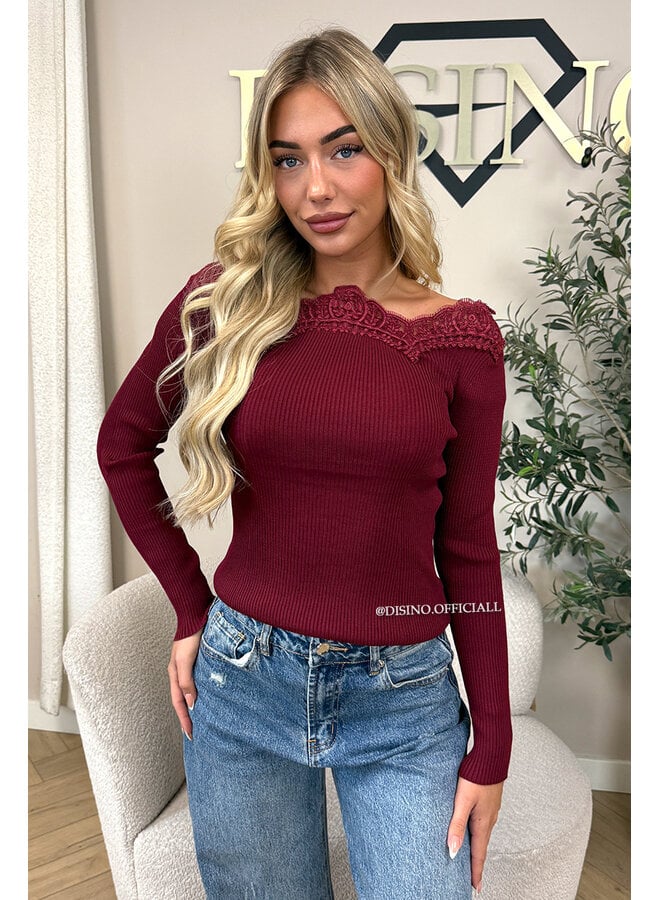 BORDEAUX - 'FIFI TOP' - LONGSLEEVE LACE DETAIL OFF SHOULDER TOP