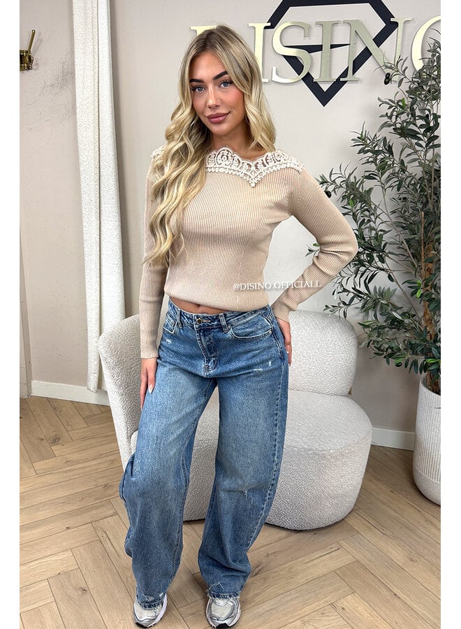 BEIGE - 'FIFI TOP' - LONGSLEEVE LACE DETAIL OFF SHOULDER TOP