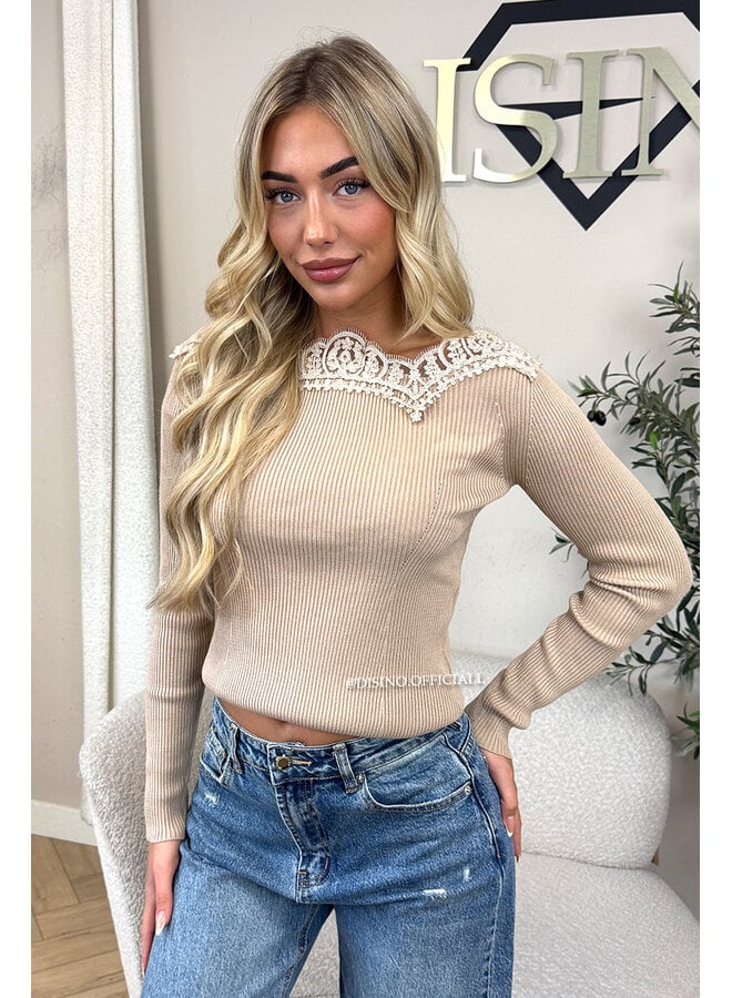 BEIGE - 'FIFI TOP' - LONGSLEEVE LACE DETAIL OFF SHOULDER TOP