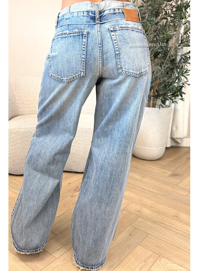 DARK BLUE – ‘BILBAO JEANS’ – RIPPED KNEE FOLDED WAISTBAND WIDE LEG JEANS