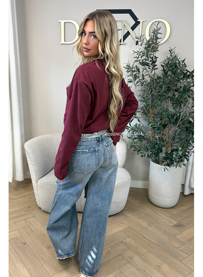 DARK BLUE – ‘BILBAO JEANS’ – RIPPED KNEE FOLDED WAISTBAND WIDE LEG JEANS