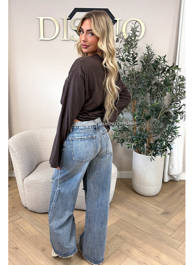 DARK BLUE – ‘BILBAO JEANS’ – RIPPED KNEE FOLDED WAISTBAND WIDE LEG JEANS