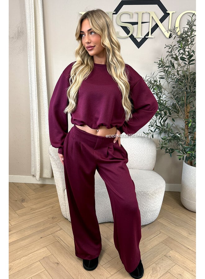 BURGUNDY - 'ALBA SET' - OVERSIZED CROPPED SWEATER + PANTS TWO PIECE SET