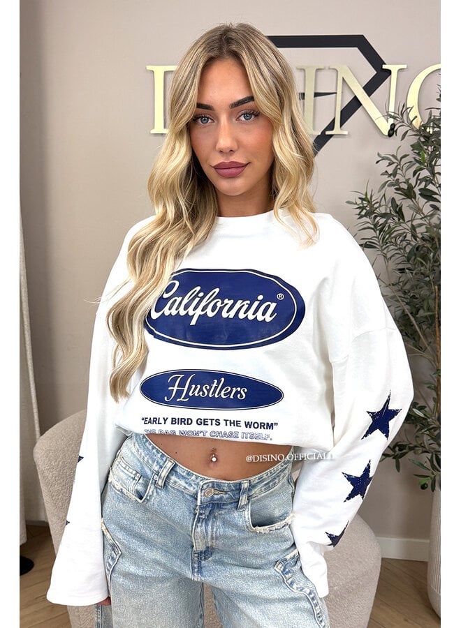 WHITE/BLUE - 'CALIFORNIA HUSTLER' - OVERSIZED LONGSLEEVE TOP