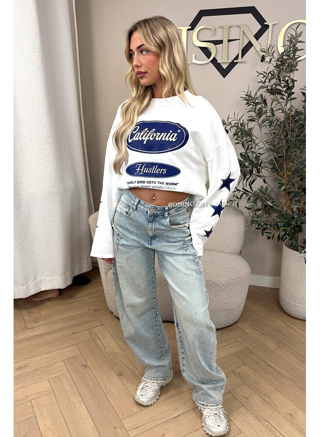 WHITE/BLUE - 'CALIFORNIA HUSTLER' - OVERSIZED LONGSLEEVE TOP