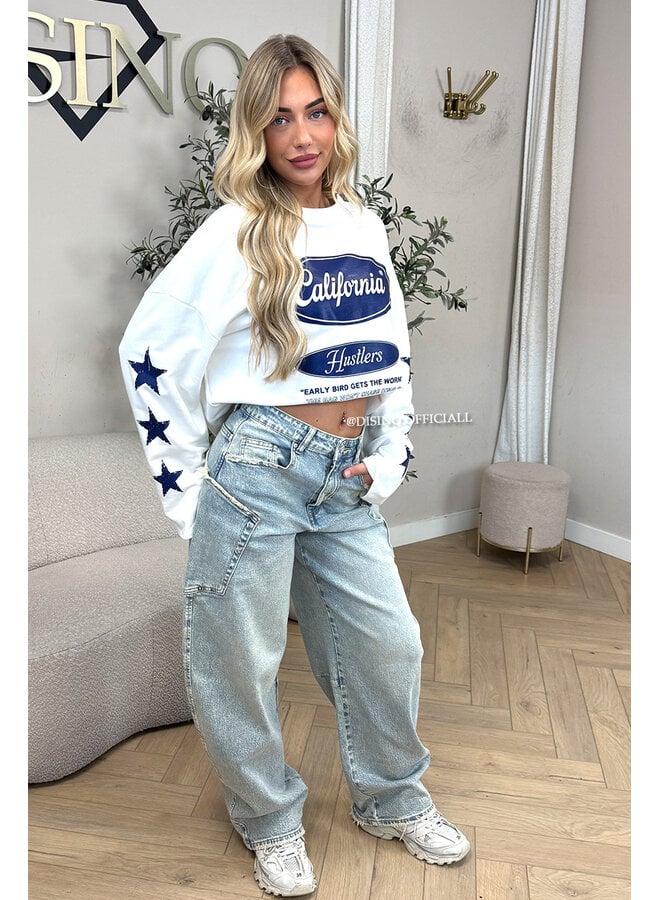 WHITE/BLUE - 'CALIFORNIA HUSTLER' - OVERSIZED LONGSLEEVE TOP