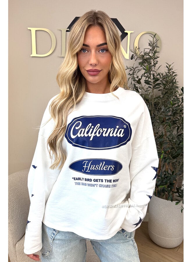 WHITE/BLUE - 'CALIFORNIA HUSTLER' - OVERSIZED LONGSLEEVE TOP
