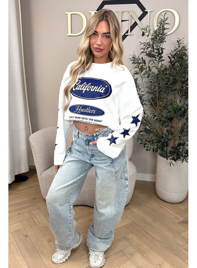 WHITE/BLUE - 'CALIFORNIA HUSTLER' - OVERSIZED LONGSLEEVE TOP