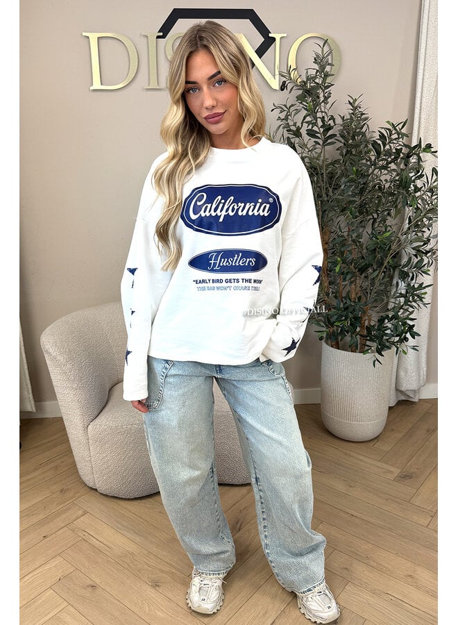 WHITE/BLUE - 'CALIFORNIA HUSTLER' - OVERSIZED LONGSLEEVE TOP
