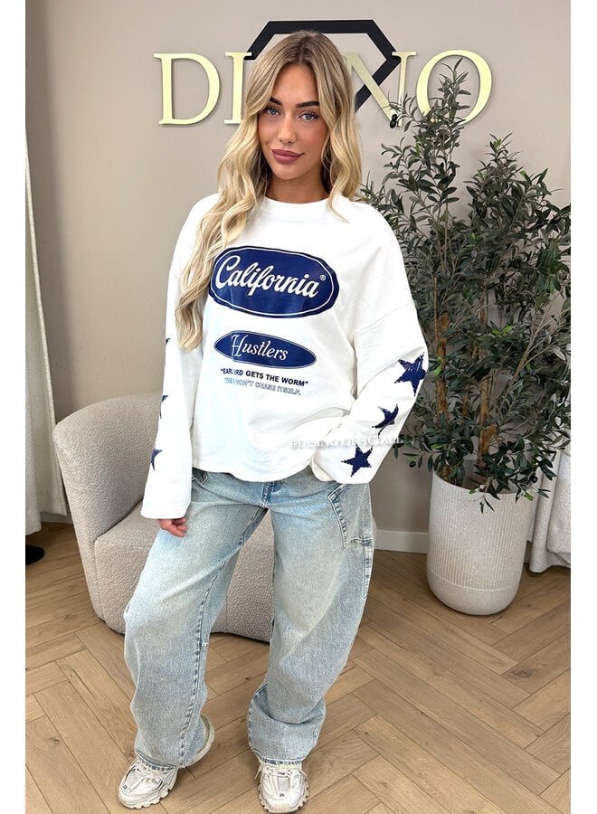 WHITE/BLUE - 'CALIFORNIA HUSTLER' - OVERSIZED LONGSLEEVE TOP