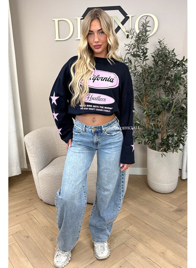 NAVY/PINK - 'CALIFORNIA HUSTLER' - OVERSIZED LONGSLEEVE TOP