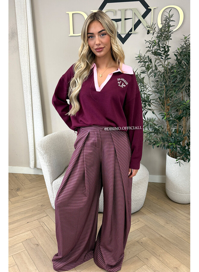 BURGUNDY - 'CHECKED AVELINE PANTS' - HIGH WAIST PALAZZO PLEATED WIDE LEG PANTALON