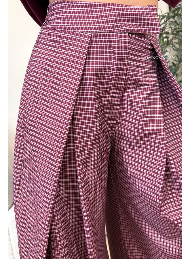 BURGUNDY - 'CHECKED AVELINE PANTS' - HIGH WAIST PALAZZO PLEATED WIDE LEG PANTALON