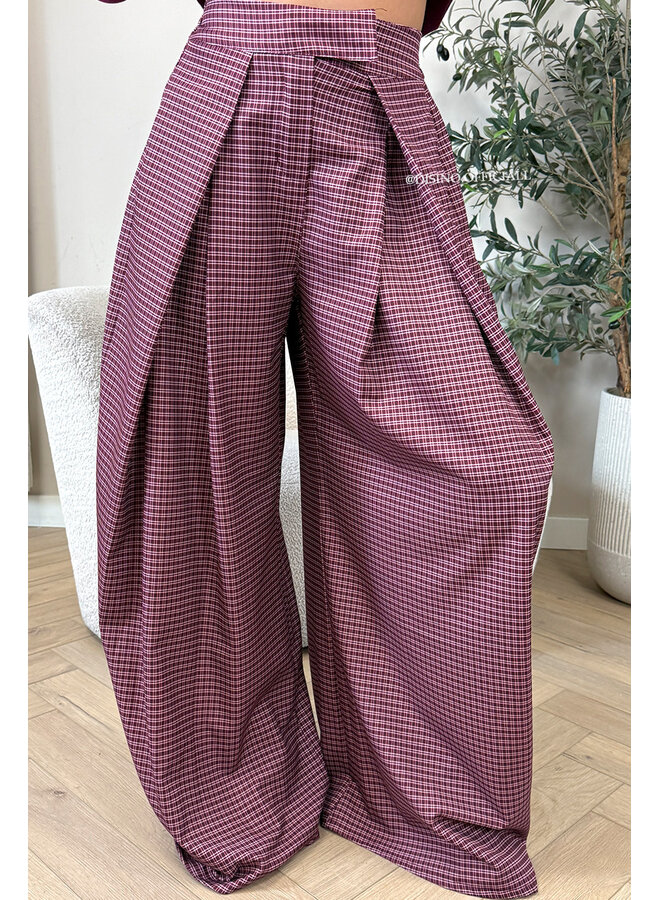 BURGUNDY - 'CHECKED AVELINE PANTS' - HIGH WAIST PALAZZO PLEATED WIDE LEG PANTALON