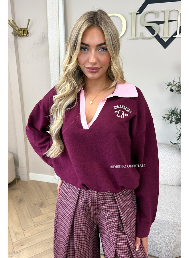 BURGUNDY – ‘AUBREY KNIT’ – SPORTY CONTRAST COLLAR VARSITY KNIT
