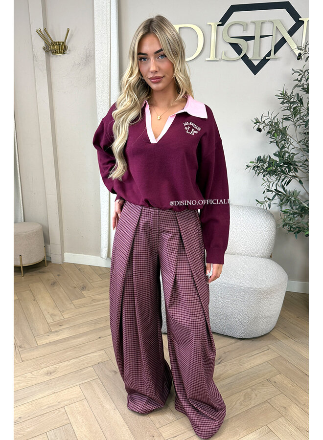 BURGUNDY – ‘AUBREY KNIT’ – SPORTY CONTRAST COLLAR VARSITY KNIT