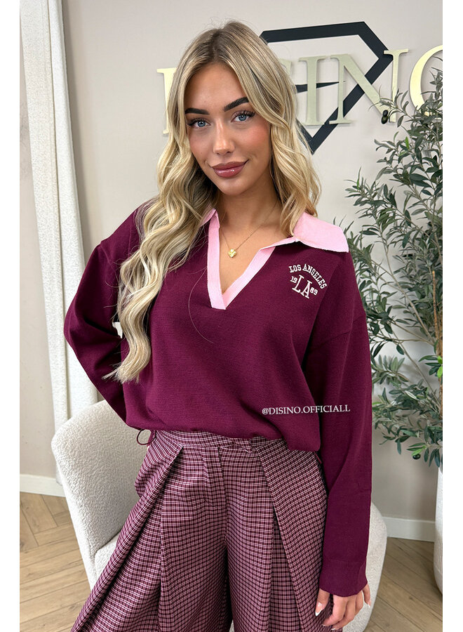 BURGUNDY – ‘AUBREY KNIT’ – SPORTY CONTRAST COLLAR VARSITY KNIT