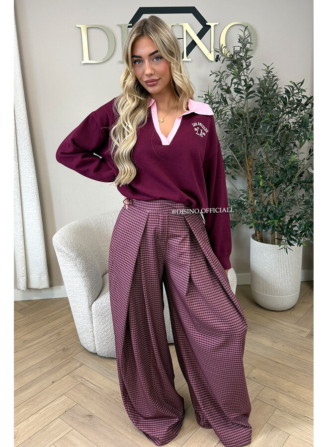 BURGUNDY – ‘AUBREY KNIT’ – SPORTY CONTRAST COLLAR VARSITY KNIT