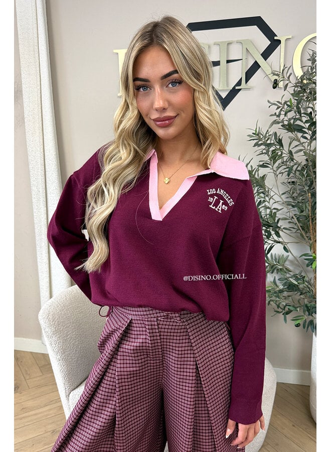 BURGUNDY – ‘AUBREY KNIT’ – SPORTY CONTRAST COLLAR VARSITY KNIT