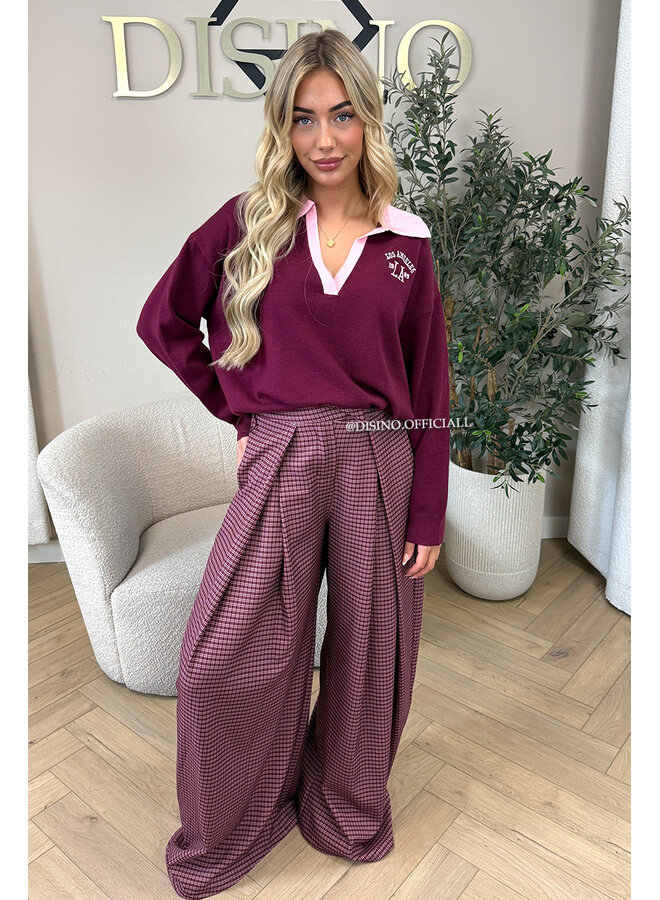 BURGUNDY – ‘AUBREY KNIT’ – SPORTY CONTRAST COLLAR VARSITY KNIT