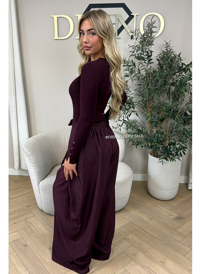 BURGUNDY - 'AVELINE PANTS' - HIGH WAIST PALAZZO PLEATED WIDE LEG PANTALON