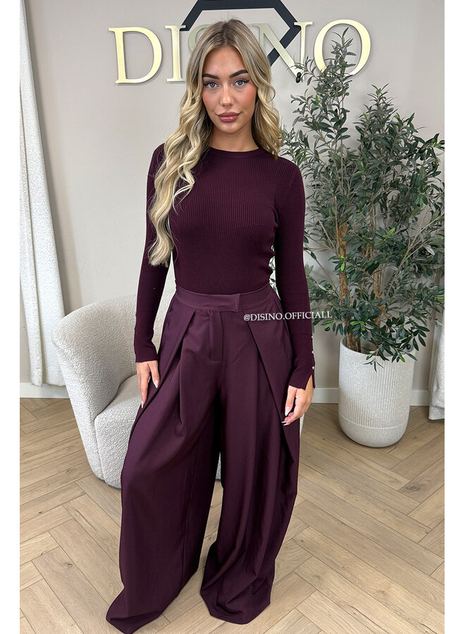 BURGUNDY - 'AVELINE PANTS' - HIGH WAIST PALAZZO PLEATED WIDE LEG PANTALON