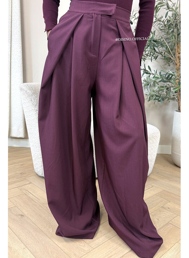 BURGUNDY - 'AVELINE PANTS' - HIGH WAIST PALAZZO PLEATED WIDE LEG PANTALON