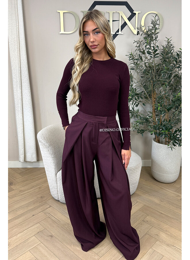 BURGUNDY - 'LIZA TOP' - PREMIUM SOFT GOLD BUTTON SLEEVE TOP