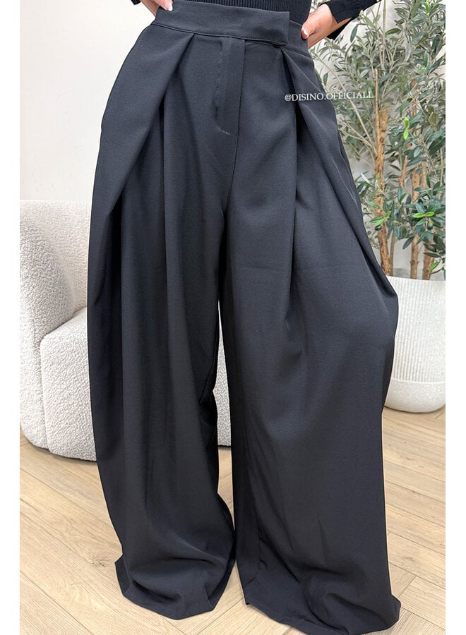 BLACK - 'AVELINE PANTS' - HIGH WAIST PALAZZO PLEATED WIDE LEG PANTALON