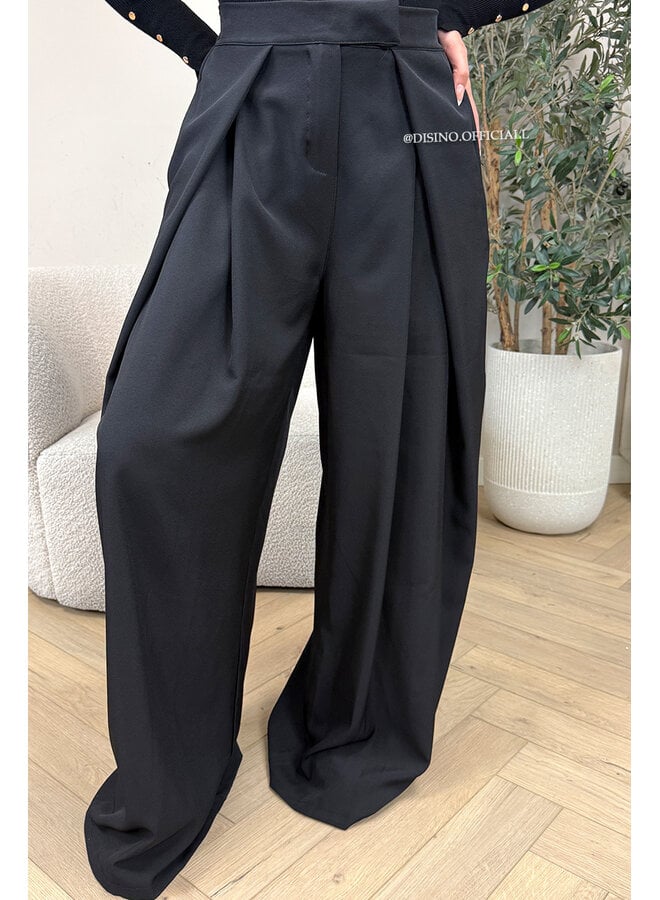 BLACK - 'AVELINE PANTS' - HIGH WAIST PALAZZO PLEATED WIDE LEG PANTALON