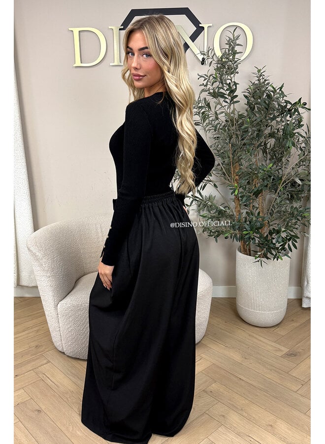 BLACK - 'AVELINE PANTS' - HIGH WAIST PALAZZO PLEATED WIDE LEG PANTALON