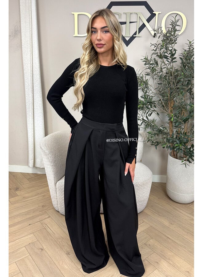 BLACK - 'AVELINE PANTS' - HIGH WAIST PALAZZO PLEATED WIDE LEG PANTALON