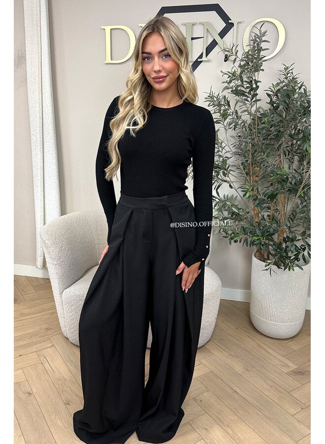 BLACK - 'AVELINE PANTS' - HIGH WAIST PALAZZO PLEATED WIDE LEG PANTALON