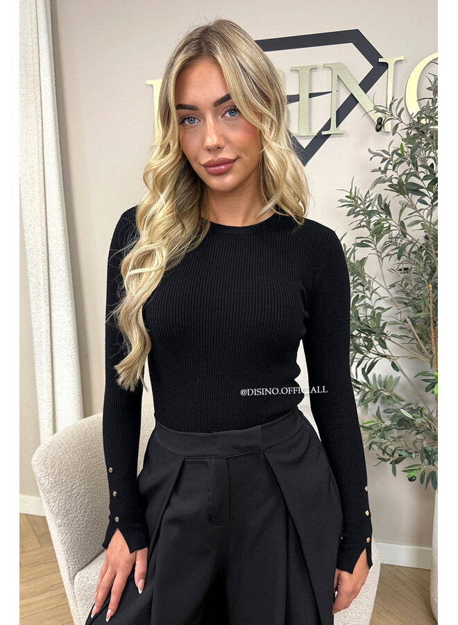 BLACK - 'LIZA TOP' - PREMIUM SOFT GOLD BUTTON SLEEVE TOP