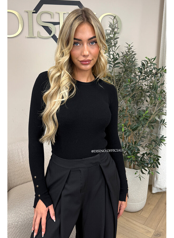 BLACK - 'LIZA TOP' - PREMIUM SOFT GOLD BUTTON SLEEVE TOP