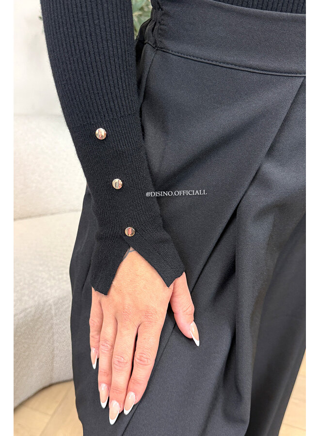 BLACK - 'LIZA TOP' - PREMIUM SOFT GOLD BUTTON SLEEVE TOP