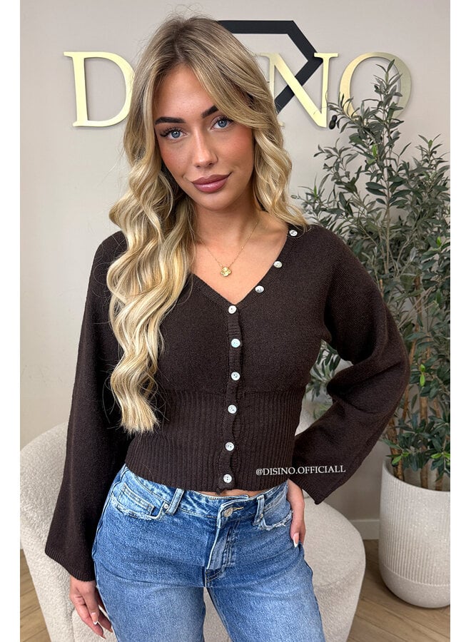 CHOCO – ‘ELVIRE CARDIGAN’ – STATEMENT BUTTON WAISTED FLARED SLEEVE KNIT