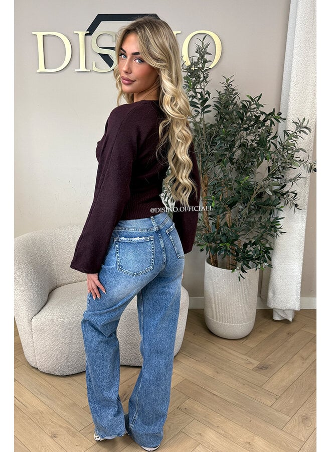 BURGUNDY – ‘ELVIRE CARDIGAN’ – STATEMENT BUTTON WAISTED FLARED SLEEVE KNIT