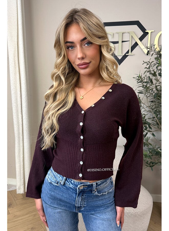 BURGUNDY – ‘ELVIRE CARDIGAN’ – STATEMENT BUTTON WAISTED FLARED SLEEVE KNIT