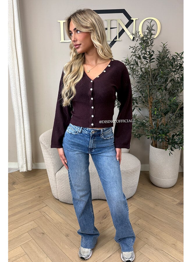 BURGUNDY – ‘ELVIRE CARDIGAN’ – STATEMENT BUTTON WAISTED FLARED SLEEVE KNIT